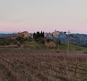 Podere Il Poggiale con casa rurale e paese di Montefoscoli vista dal sud